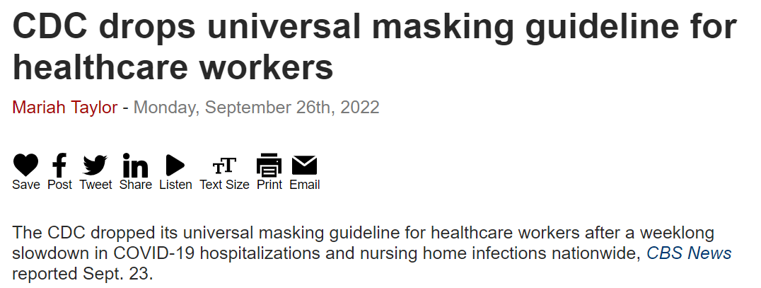 CDC drops universal masking guideline for healthcare workers